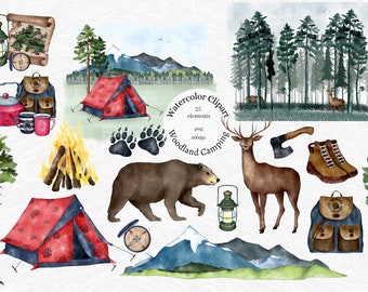 Watercolor Camping Clipart Bundle: Rustic Forest Adventure PNG (Digital Download