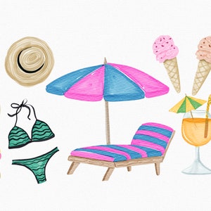 Watercolor Pool Party Clipart, Summer Clipart, Summer Vacation Clipart, Beach Party, Flamingo, Popsicle, PNG, Summer Party Invitation image 3