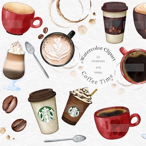 May include: Watercolor clipart set of coffee drinks, including lattes, cappuccinos, iced coffee, and coffee beans. The set includes 22 elements, all in PNG format at 300dpi. The text "Watercolor Clipart 22 elements png 300dpi Coffee Time" is included in the image.