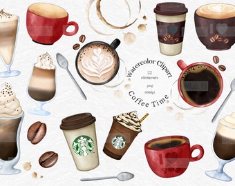 Watercolor Coffee Clipart, Coffee Bean Clipart, Cafe, Espresso, Clipart, Frappe, coffee grinder, mocha pot,sublimation png, French press