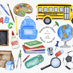 Aquarell Schule Clipart, Back To Schule Clipart, Schulzubehör, Tafel Clip Art, Schulbus, Bücher, Fußball, PNG, kommerzielle Nutzung