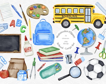 Watercolor School Clipart, Back To School Clipart, School Supplies, Chalkboard Clip art, School Bus, Books, Football, PNG, commercial use
