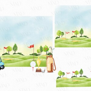 May include: A watercolour illustration of a golf course featuring a blue golf cart, golf clubs, a golf ball, and a trophy. The scene includes green fairways, trees, red flags, and a light blue sky. The image has a whimsical, artistic style.
