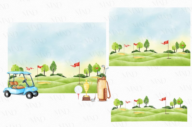 May include: A watercolour illustration of a golf course featuring a blue golf cart, golf clubs, a golf ball, and a trophy. The scene includes green fairways, trees, red flags, and a light blue sky. The image has a whimsical, artistic style.