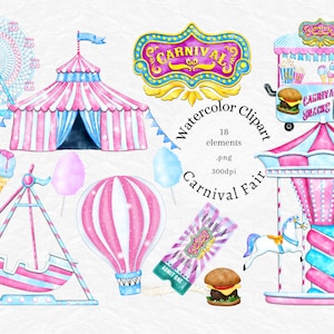 Aquarelle de carnaval, fête foraine, aventure, parc d'attractions, clipart anniversaire, carrousel, pop corn, sublimation png, pépinière, usage commercial