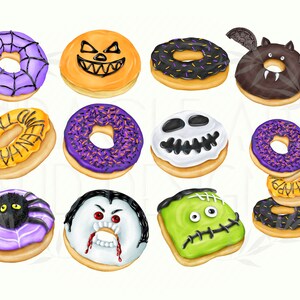 May include: A set of 12 Halloween-themed donuts with various designs, including a spider, a bat, a vampire, a Frankenstein, a ghost, and a pumpkin. The donuts are decorated with purple, black, green, and orange frosting and sprinkles.