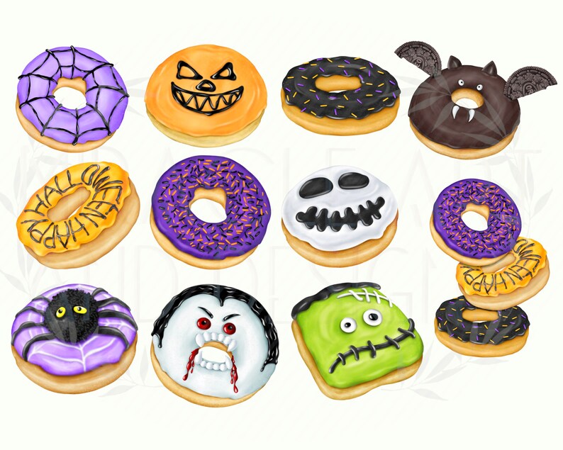 May include: A set of 12 Halloween-themed donuts with various designs, including a spider, a bat, a vampire, a Frankenstein, a ghost, and a pumpkin. The donuts are decorated with purple, black, green, and orange frosting and sprinkles.