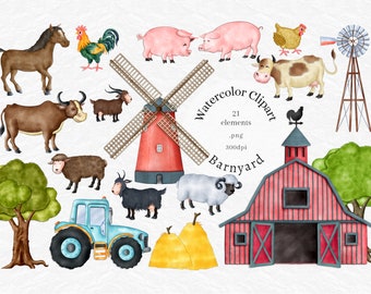 Farm animals clipart,Watercolor country outdoor clipart,barn yard,tractor,chicken,horse,cow,harvest,windmill clipart,pig,sheep graphics