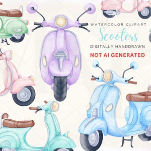 Retro Roller Aquarell Clipart Bündel, Pastell Vintage Moped png, Rustikaler Italien Sommer Transport, Sublimation png, Kommerzielle Nutzung ok