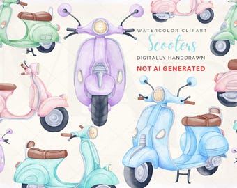 Watercolor Retro Scooter Clipart Bundle: Vintage Moped PNG (Digital Download, Commercial Use OK)