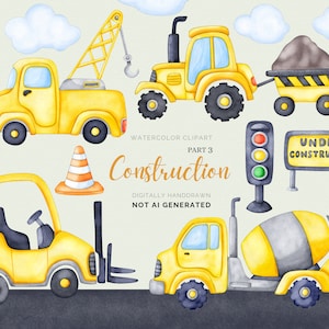 Schattig bouw clipart, aquarel bouwvoertuigen illustraties, cementmixer vrachtwagen, trekker, verkeerslicht, wegwerkzaamheden, png, schattige auto's