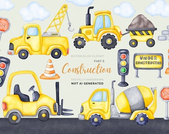 Cute Construction Clipart, Watercolor Construction Vehicles Clip art, Cement Mixer Truck, Tractor, Traffic Signal, Roadwork, png, Cute Cars