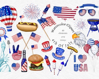 Fouth of July clipart, Watercolor 4th of july clip art, Barbecue party Clipart, USA Independence day decor, buntings, firework, 4th July BBQ