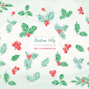 Clipart de aquarela de azevinho de Natal, imagens de folhas de azevinho de Natal, azevinho de Natal png, sublimação PNG, uso comercial