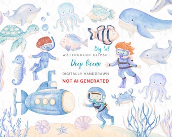 Underwater Divers Watercolor Clipart, Under the sea Ocean Animals Clip art png, Ocean Diving, Pastel PNGs of Octopus, Seahorse, Turtle png