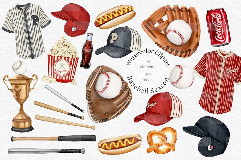 May include: Watercolour clipart set of baseball themed items, including a baseball glove, baseballs, bats, a trophy, a hot dog, a pretzel, a can of soda, popcorn, and baseball jerseys. The clipart is perfect for creating invitations, cards, and other crafts.
