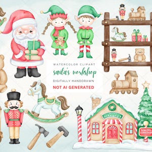 Oficina do Papai Noel Clipart de Natal, Aquarela Ajudantes do Papai Noel Elfos png, Brinquedos de Natal, Quebra-nozes png, Sublimação PNG, Uso comercial