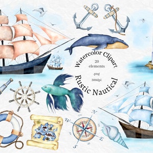 Nautical Clipart, Watercolor Clipart, Lighthouse Clipart, Sailboat , Anchor, Rustic, Whale, planner sticker, sublimation PNG,commercial use