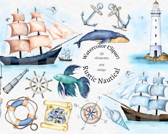 Nautical Clipart, Watercolor Clipart, Lighthouse Clipart, Sailboat , Anchor, Rustic, Whale, planner sticker, sublimation PNG,commercial use