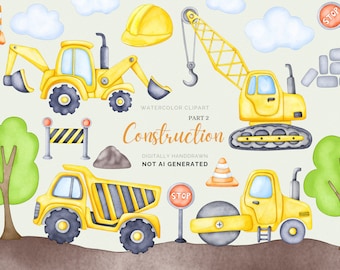 Construction Clipart, Watercolor Construction Vehicles Clip art, Dump Truck, Backhoe, Excavator, Builder Machines, Boy, sublimation, png,