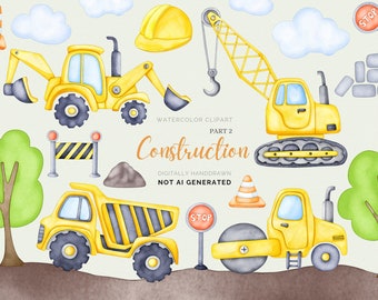 Watercolor Construction Vehicle Clipart: Dump Truck, Excavator (PNG Digital Download)