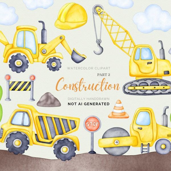 Construction Clipart, Watercolor Construction Vehicles Clip art, Dump Truck, Backhoe, Excavator, Builder Machines, Boy, sublimation, png,