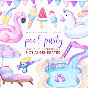 Aquarell Pool Party Clipart, Sommer Clipart, Sommer Urlaub Clipart, Beach Party, Flamingo, Eis am Stil, PNG, Sommer Party Einladung
