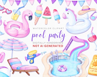 Watercolor Pool Party Clipart: Summer Vacation PNG Graphics