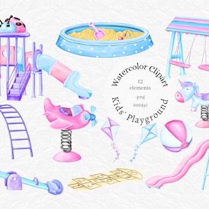 Watercolor Playground Clip art, Children, Kids Park clipart, Carnival Unicorn Swings, hopscotch, Birthday, sublimation png, commercial use