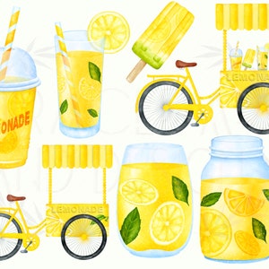 May include: Watercolor illustration of a lemonade stand with a yellow bicycle, a glass of lemonade, a mason jar of lemonade, a popsicle, and a cup of lemonade. The stand has a yellow awning with the word "Lemonade" written on it.