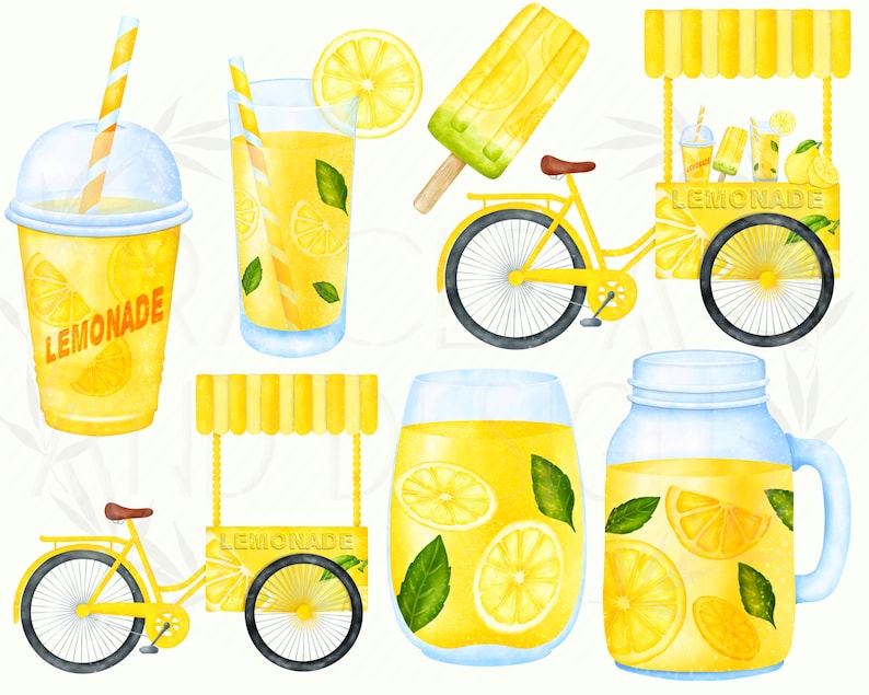 May include: Watercolor illustration of a lemonade stand with a yellow bicycle, a glass of lemonade, a mason jar of lemonade, a popsicle, and a cup of lemonade. The stand has a yellow awning with the word "Lemonade" written on it.
