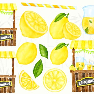 May include: Watercolor illustration of a lemonade stand with yellow and white striped awning, a pitcher of lemonade, lemons, and a sign that says "Lemonade".