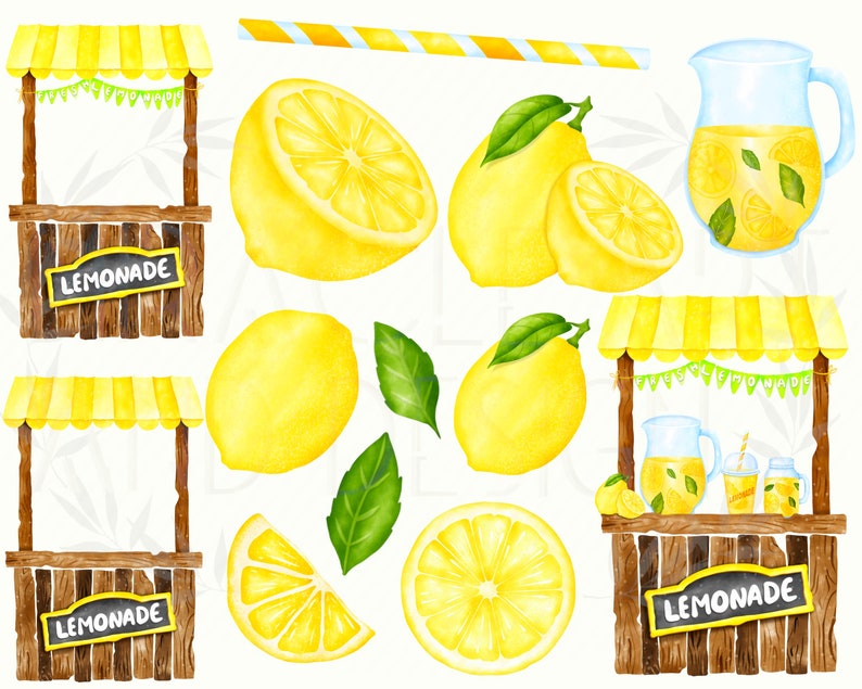 May include: Watercolor illustration of a lemonade stand with yellow and white striped awning, a pitcher of lemonade, lemons, and a sign that says "Lemonade".