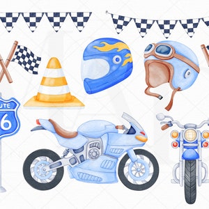 May include: A set of watercolor illustrations featuring motorcycle themed clipart.  The set includes a blue motorcycle, a blue and brown helmet, a blue and yellow helmet, a checkered flag, a traffic cone, a route 66 sign, and a checkered flag banner.