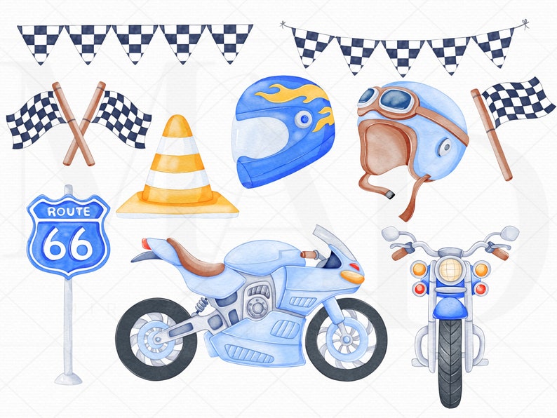 May include: A set of watercolor illustrations featuring motorcycle themed clipart.  The set includes a blue motorcycle, a blue and brown helmet, a blue and yellow helmet, a checkered flag, a traffic cone, a route 66 sign, and a checkered flag banner.