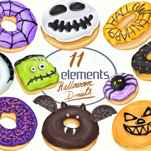 May include: Eleven Halloween-themed donuts with various designs, including a spider web, a ghost, a vampire, a Frankenstein, a bat, a pumpkin, and a donut with sprinkles. The donuts are all decorated with colorful frosting and sprinkles.