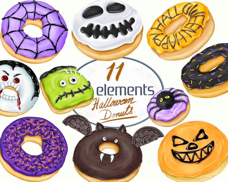 May include: Eleven Halloween-themed donuts with various designs, including a spider web, a ghost, a vampire, a Frankenstein, a bat, a pumpkin, and a donut with sprinkles. The donuts are all decorated with colorful frosting and sprinkles.