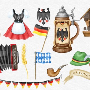 May include: A set of watercolor illustrations featuring Oktoberfest themed items, including a traditional German beer stein, a cuckoo clock, a dirndl, lederhosen, a flag with the German colors, a Bavarian flag, a wheat stalk, an accordion, a pipe, a mustache, a green hat with a feather, and a banner with the word "oktoberfest".