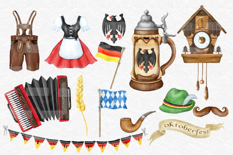 May include: A set of watercolor illustrations featuring Oktoberfest themed items, including a traditional German beer stein, a cuckoo clock, a dirndl, lederhosen, a flag with the German colors, a Bavarian flag, a wheat stalk, an accordion, a pipe, a mustache, a green hat with a feather, and a banner with the word "oktoberfest".