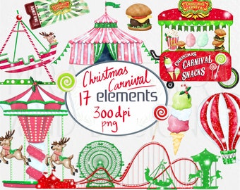 Christmas Carnival Clipart,Watercolor Fun Fair Amusement Park Clip art,Carousel,Xmas Noel Party Invitation clipart,commercial use,planner