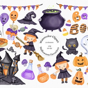 Watercolor Halloween Clipart, Cute Halloween Clipart, PNG, Cute Witch Clip art, Jack o Lantern, Halloween Trick or treat, Sweets clip art