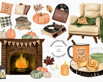 May include: Watercolor clipart set featuring cozy fall vibes. Includes a fireplace with a fire, a record player, a mug with the text "Happy Fall Y'all", a chair with a cat, pumpkins, candles, and a lantern.