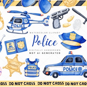 Clipart della polizia ad acquerello, Clipart della polizia carina, Clipart dell'auto della polizia, Veicoli della polizia, Camion, Festa di compleanno della polizia, Decorazione della cameretta del bambino, PNG