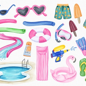 Watercolor Pool Party Clipart, Summer Clipart, Summer Vacation Clipart, Beach Party, Flamingo, Popsicle, PNG, Summer Party Invitation image 2