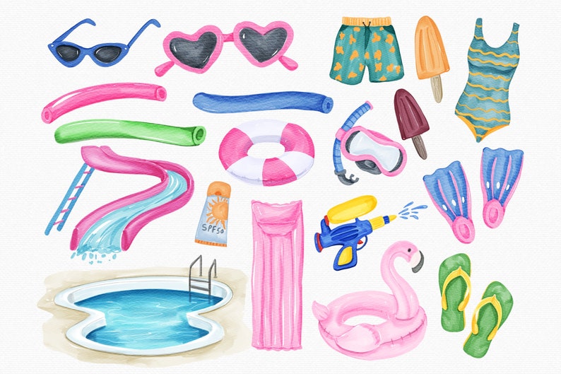 Watercolor Pool Party Clipart, Summer Clipart, Summer Vacation Clipart, Beach Party, Flamingo, Popsicle, PNG, Summer Party Invitation image 2