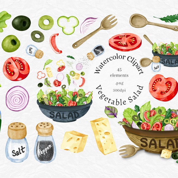 Clipart di insalata dell'acquerello, clipart di insalata greca, cibo salutare, insalata per la colazione, sublimazione, png, download istantaneo, stampabile, uso commerciale