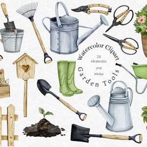 Aquarell Garten Clipart, Frühlingsgarten PNG, Gartenwerkzeuge Clip Art, Sublimation, sofortiger digitaler Download, Topfpflanzen, Gießkanne