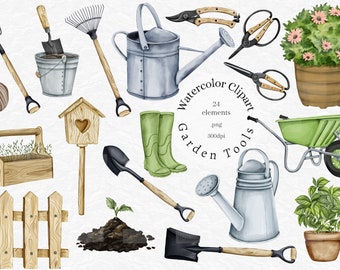 May include: A watercolor illustration set of 24 garden tools, including a wheelbarrow, watering cans, shovels, rakes, a birdhouse, a fence, a bucket, gardening gloves, and a potted plant. The illustration is in a vintage style with a white background.