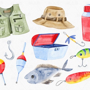 May include: A watercolor illustration of fishing gear, including a green fishing vest, a brown fishing hat, a red water bottle, a blue and white tackle box, a red and yellow fishing bobber, a blue and white fishing bobber, a silver fishing hook, a green and yellow fishing lure, a red and yellow fishing lure, a blue and white fish, and a blue and yellow fishing lure with a dragonfly.
