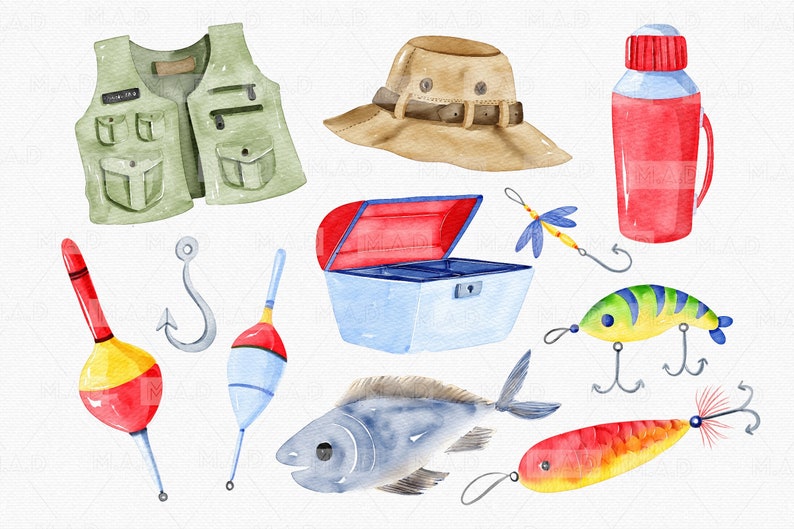 May include: A watercolor illustration of fishing gear, including a green fishing vest, a brown fishing hat, a red water bottle, a blue and white tackle box, a red and yellow fishing bobber, a blue and white fishing bobber, a silver fishing hook, a green and yellow fishing lure, a red and yellow fishing lure, a blue and white fish, and a blue and yellow fishing lure with a dragonfly.